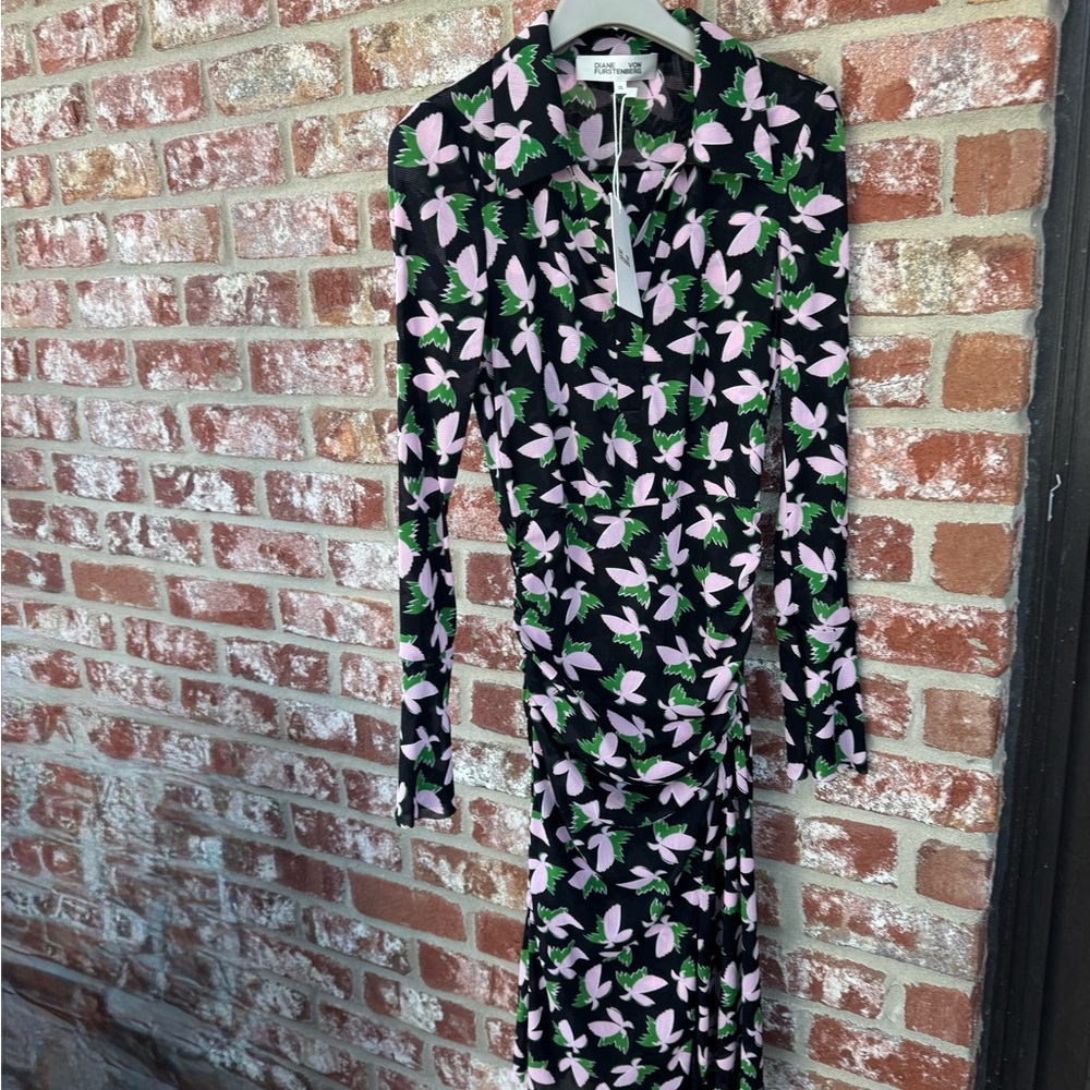 Diane Von Furstenberg Black and Pink Floral Long Sleeve Dress